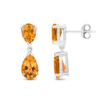 9ct White Gold Pear Shaped Natural Citrine Two Stone Claw Drop Earrings — 9x6mm