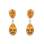 9ct White Gold Pear Shaped Natural Citrine Two Stone Claw Drop Earrings — 9x6mm