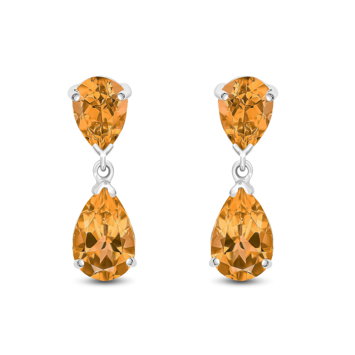 9ct White Gold Pear Shaped Natural Citrine Two Stone Claw Drop Earrings — 9x6mm