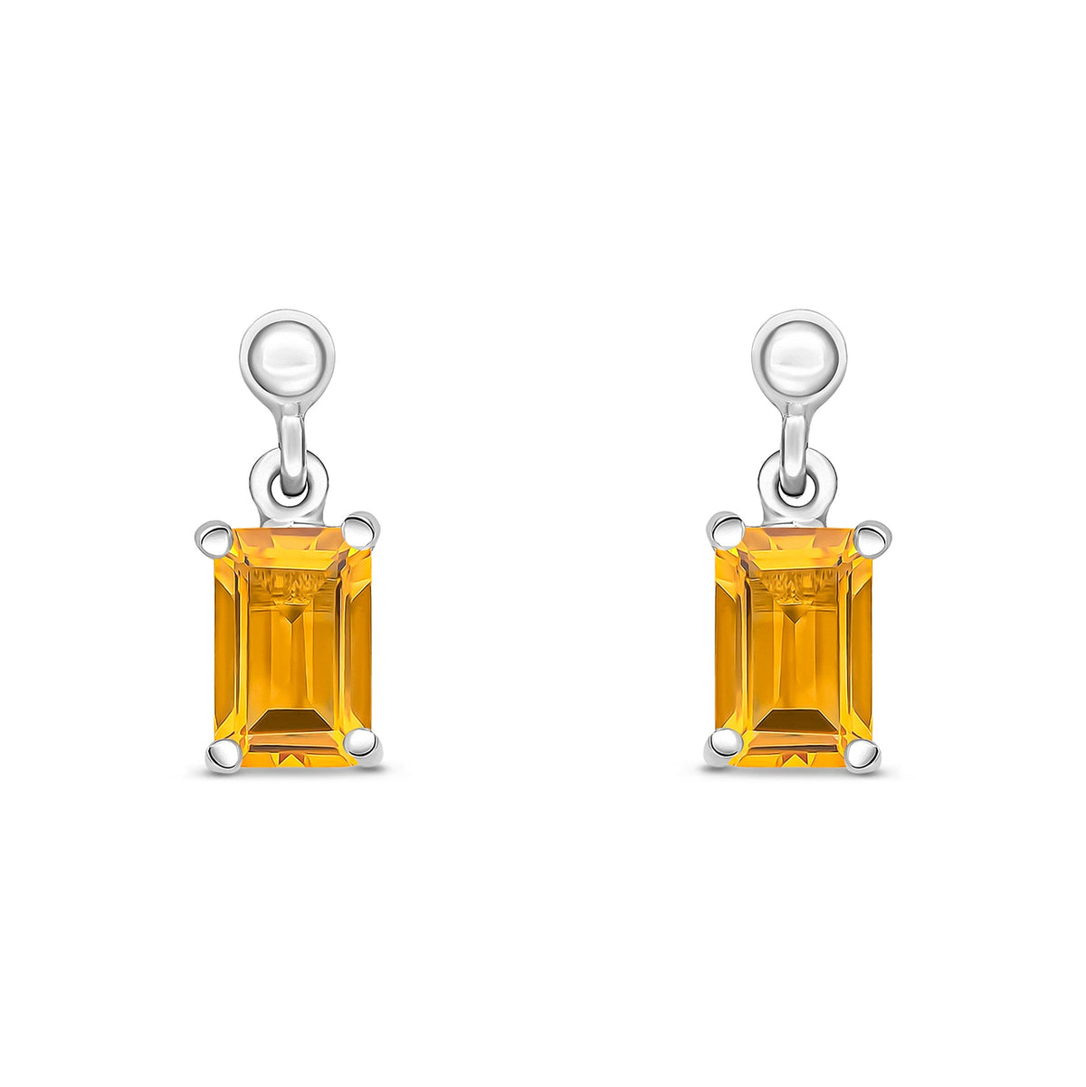 9ct White Gold Octagonal Emerald Cut Natural Citrine Claw Drop Earrings — 6x4mm