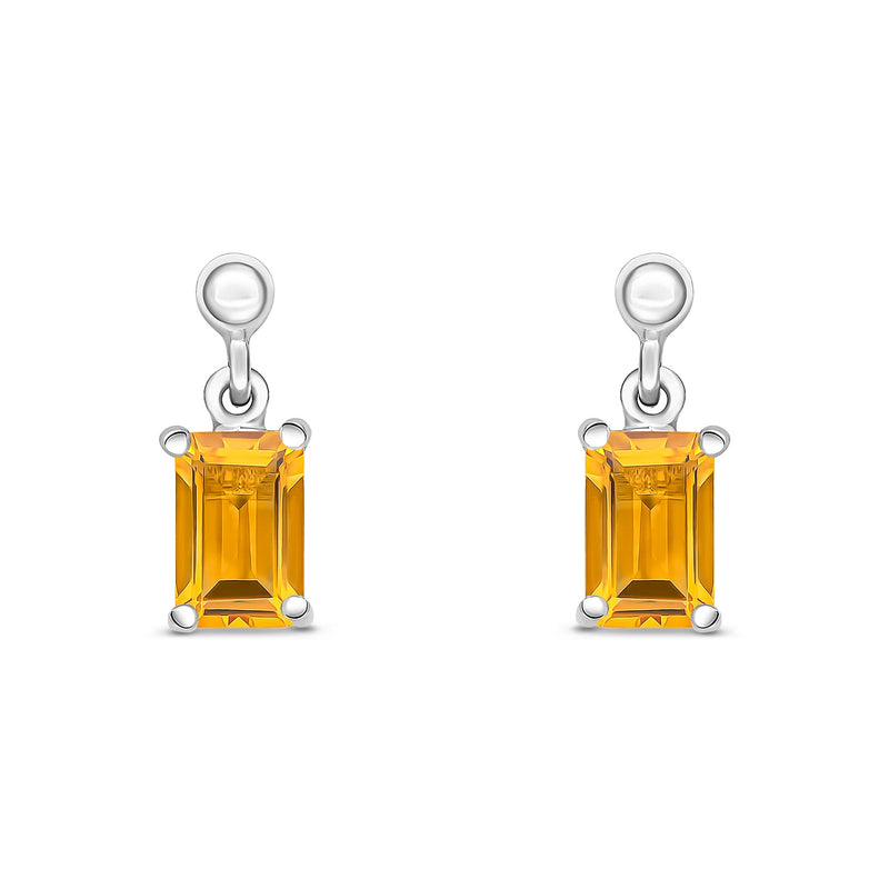 9ct White Gold Octagonal Emerald Cut Natural Citrine Claw Drop Earrings — 6x4mm