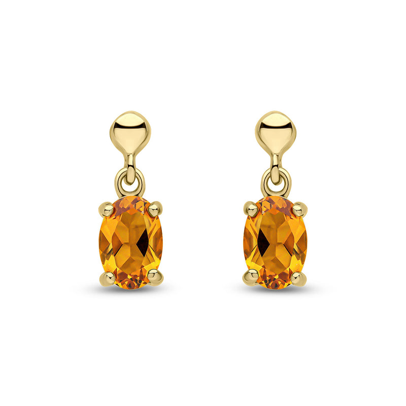 9ct Yellow Gold Oval Natural Citrine Claw Drop Earrings with Bead Top — 6x4mm