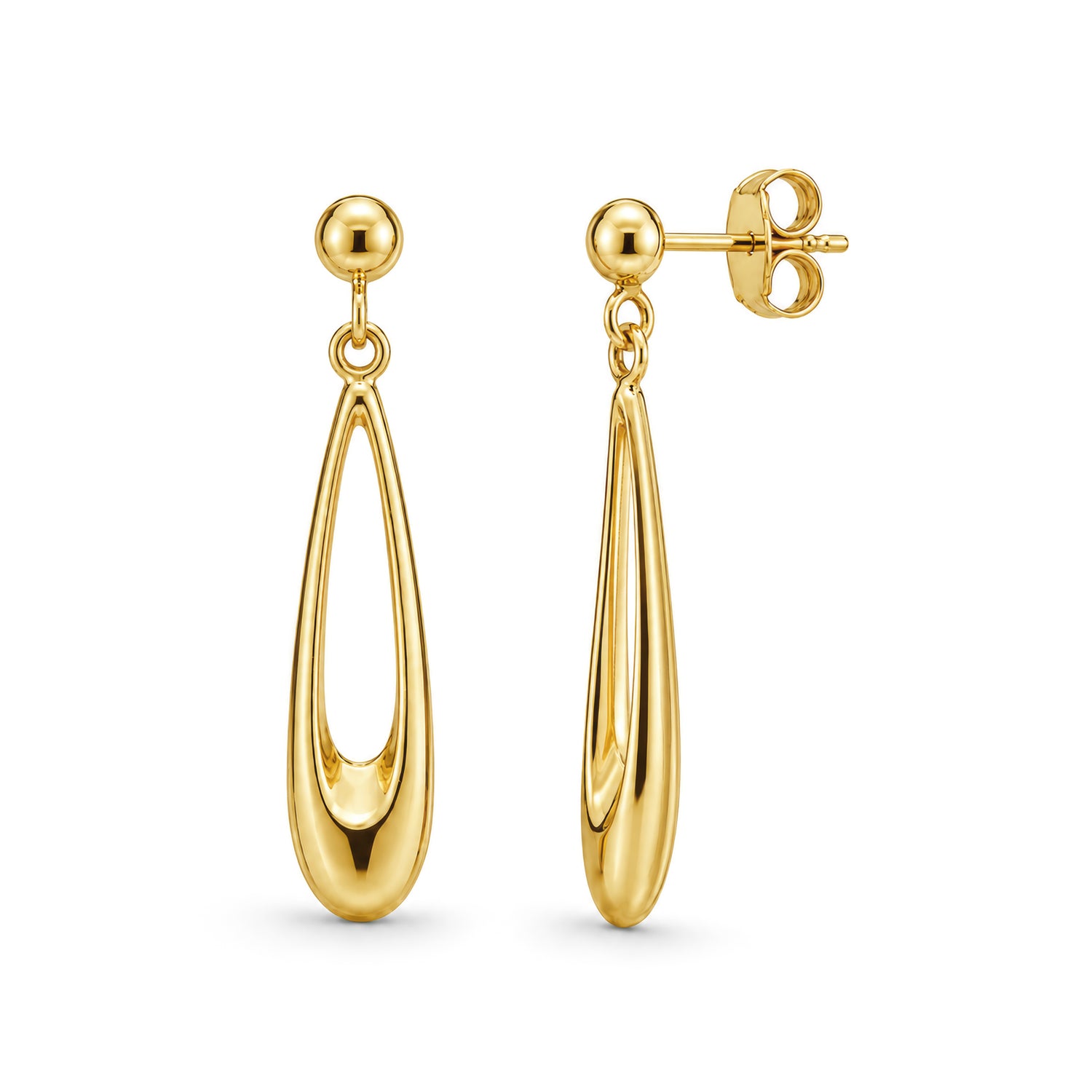 9ct Yellow Gold Long Open Pear Drop Earrings – 34x6.5mm