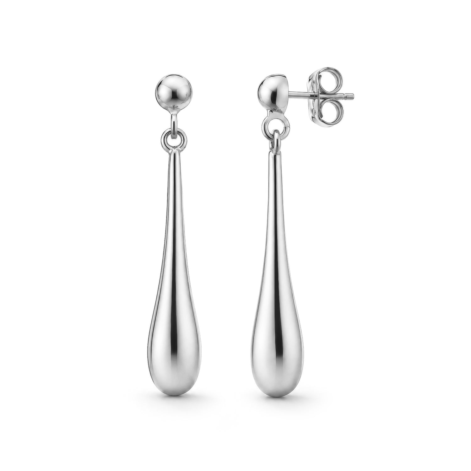 9ct White Gold Long Polished Torpedo Drop Earrings — 35mm