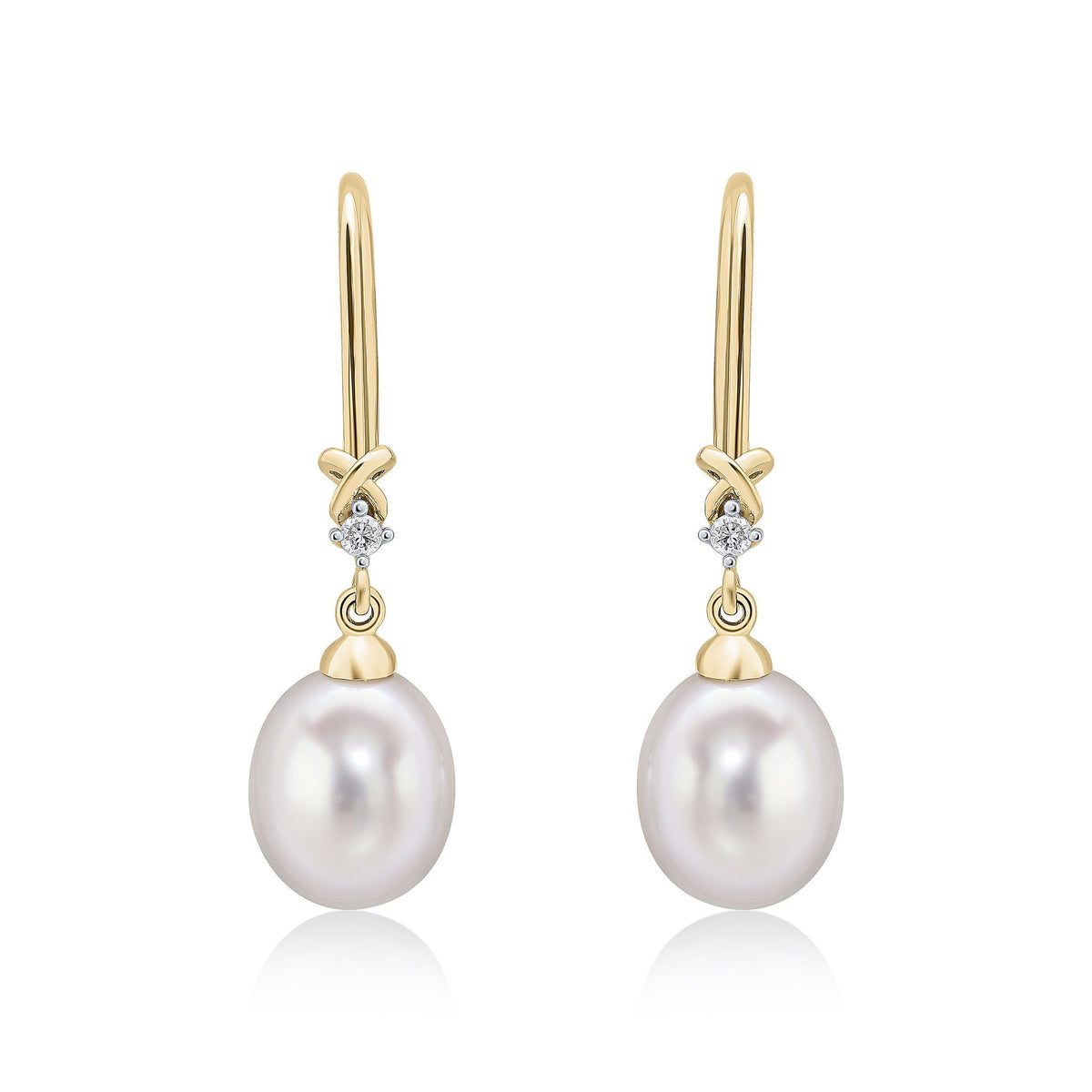 9ct Yellow Gold Natural Freshwater Cultured Pearl and Diamond Wire Hook Drop Earrings