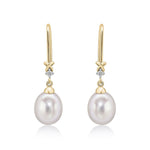 9ct Yellow Gold Freshwater Cultured Pearl and Natural Diamond Wire Hook Drop Earrings