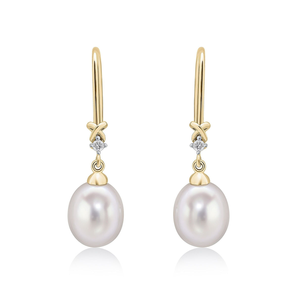 9ct Yellow Gold Freshwater Cultured Pearl and Natural Diamond Wire Hook Drop Earrings