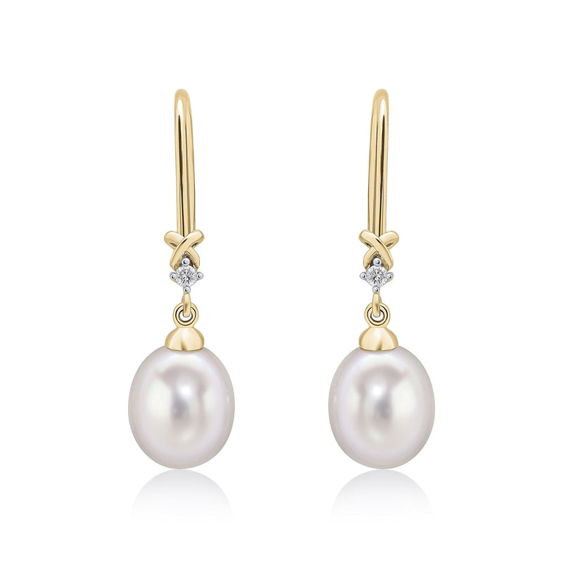 9ct Yellow Gold Freshwater Cultured Pearl and Natural Diamond Wire Hook Drop Earrings