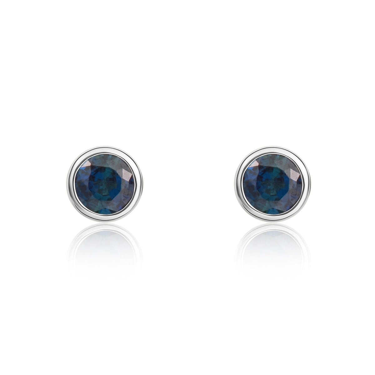 9ct White Gold Round Natural Sapphire Rubover Stud Earrings — 3mm