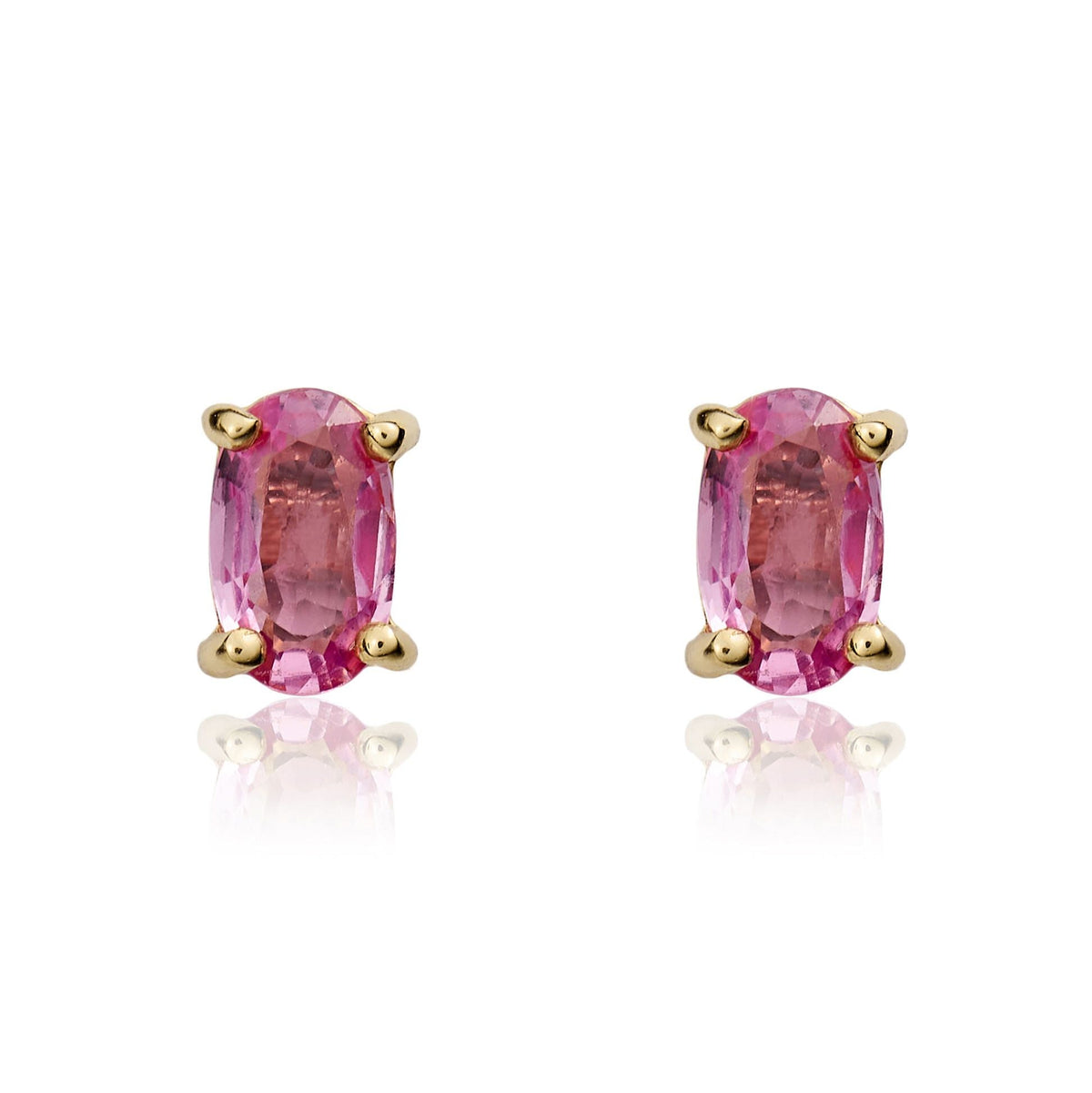 9ct Yellow Gold Oval Natural Pink Sapphire Claw Stud Earrings — 5x3mm
