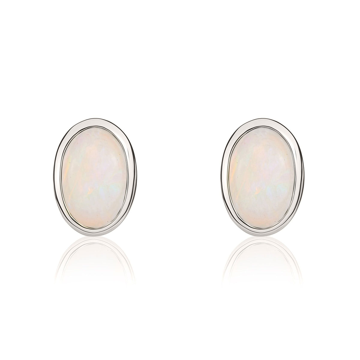 9ct White Gold Oval Natural Opal Rubover Stud Earrings — 6x4mm