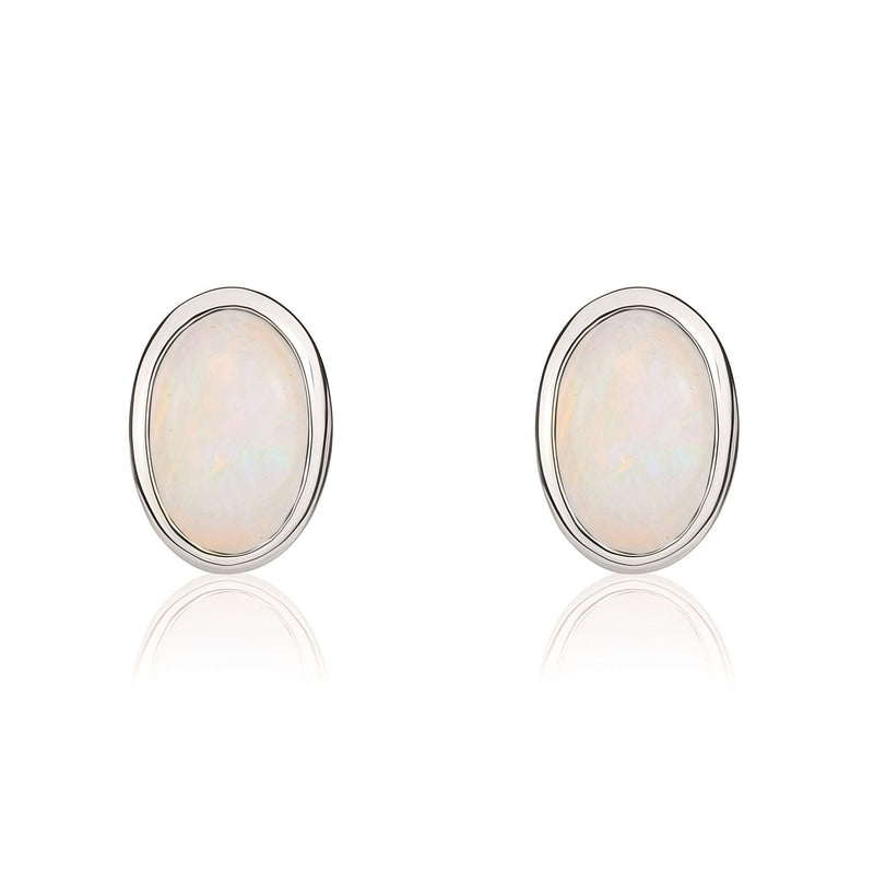 9ct White Gold Oval Natural Opal Rubover Stud Earrings — 6x4mm