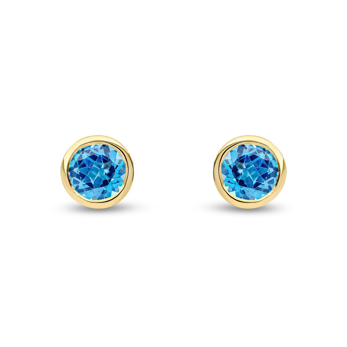 9ct Yellow Gold Round Natural Swiss Blue Topaz Rubover Stud Earrings — 6mm