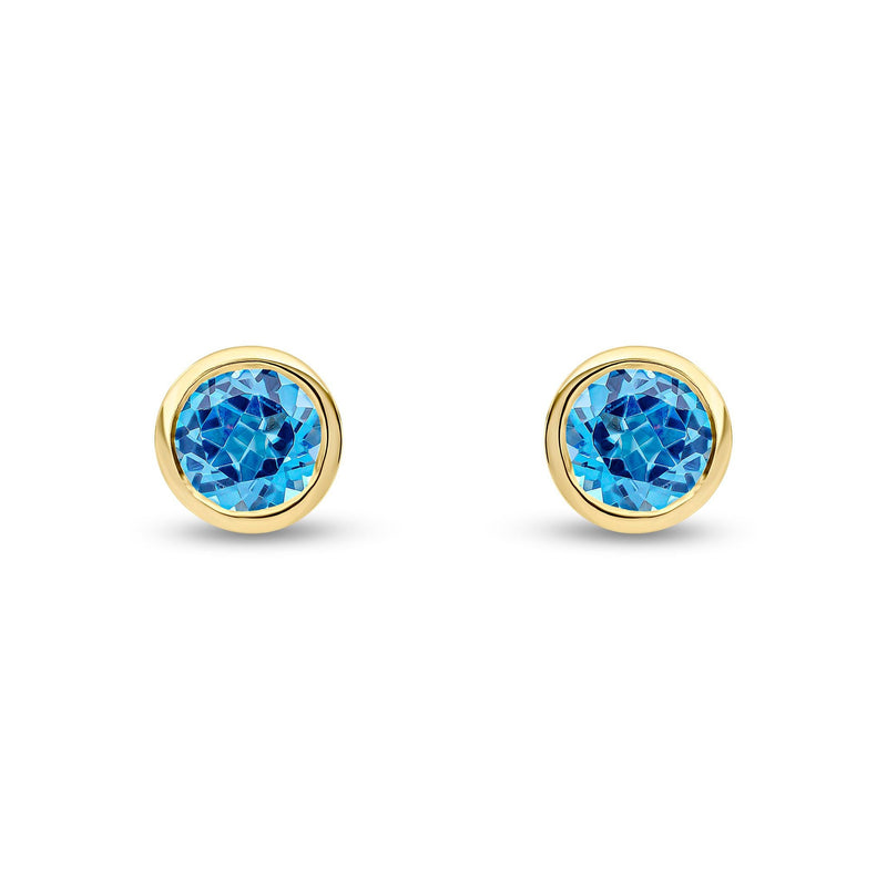 9ct Yellow Gold Round Natural Swiss Blue Topaz Rubover Stud Earrings — 6mm