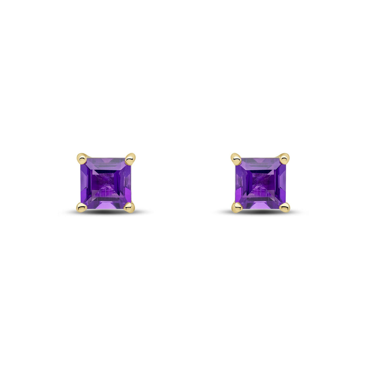9ct Yellow Gold Square Natural Amethyst Claw Stud Earrings — 5mm