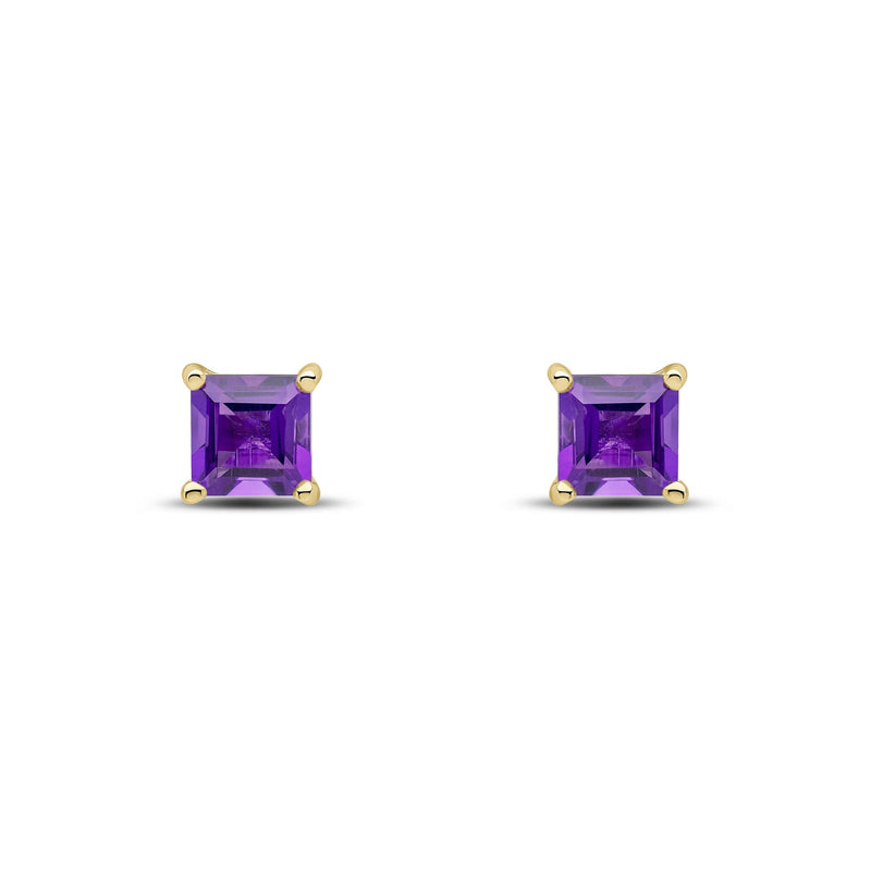 9ct Yellow Gold Square Natural Amethyst Claw Stud Earrings — 5mm