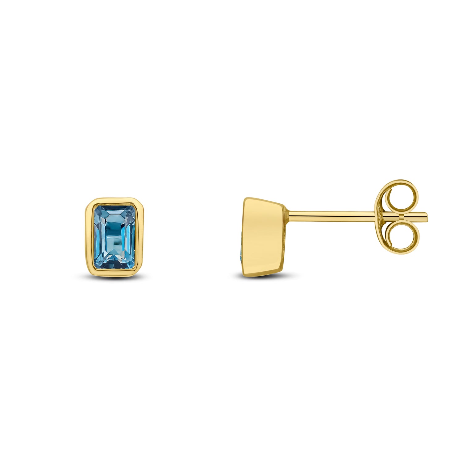 9ct Yellow Gold Octagonal Emerald Cut Natural London Blue Topaz Rubover Stud Earrings
