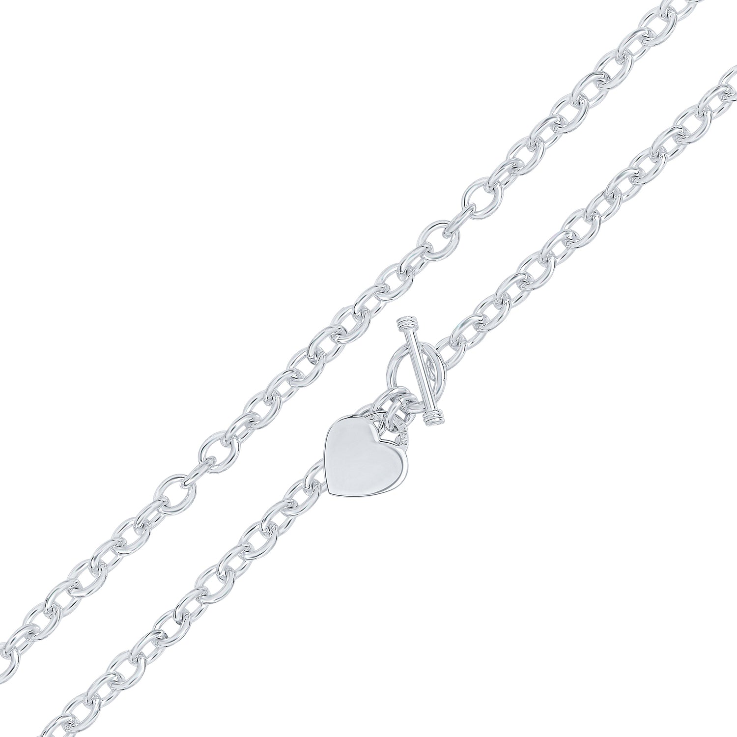 Sterling Silver 8mm Cable Bracelet with T-Bar and Heart Charm