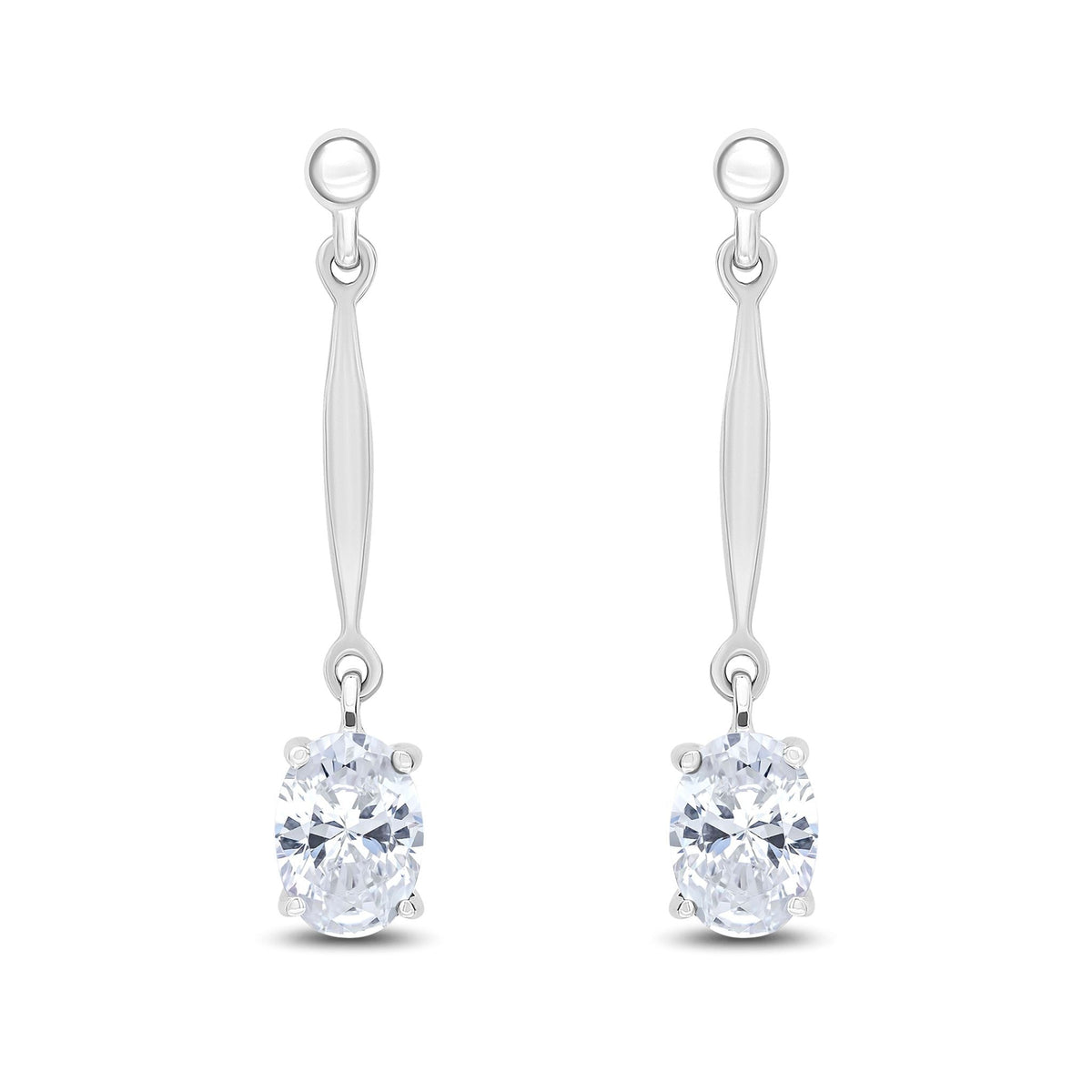 9ct White Gold Oval Cubic Zirconia CZ Claw Bar Drop Earrings — 7x5mm