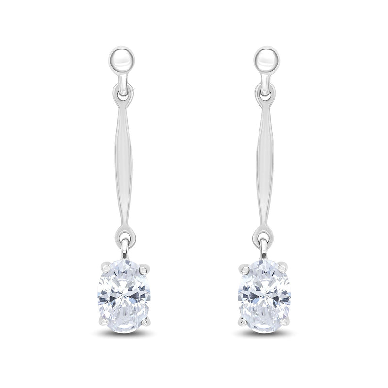 9ct White Gold Oval Cubic Zirconia CZ Claw Bar Drop Earrings — 7x5mm