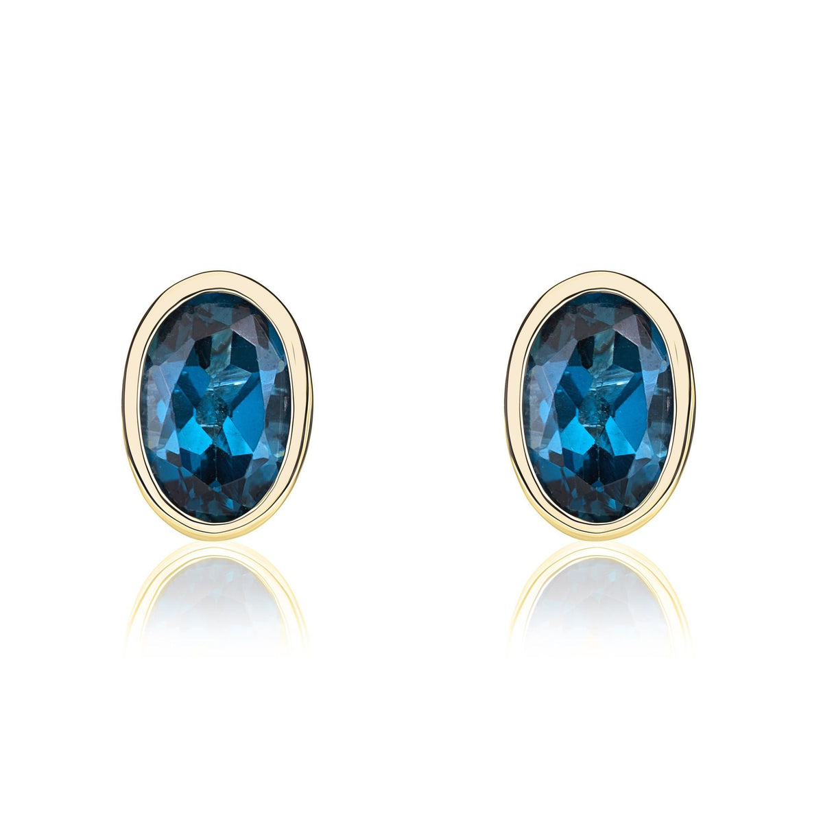 9ct Yellow Gold Oval Natural London Blue Topaz Rubover Stud Earrings — 6x4mm