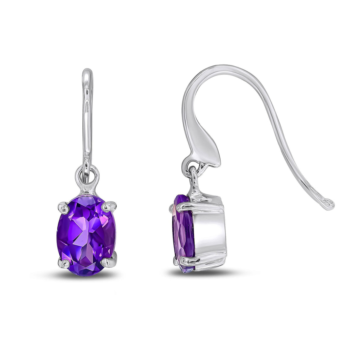 9ct White Gold Oval Natural Amethyst Claw Hook Wire Drop Earrings — 7x5mm