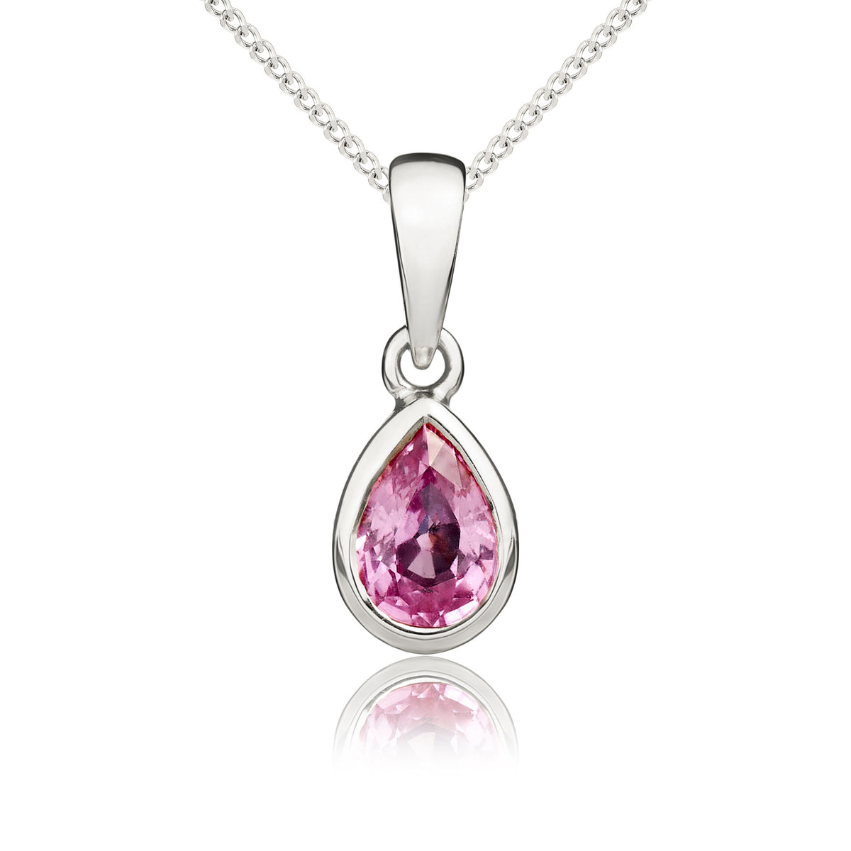 9ct White Gold Pear Shaped Natural Pink Sapphire Rubover Pendant — 6x4mm