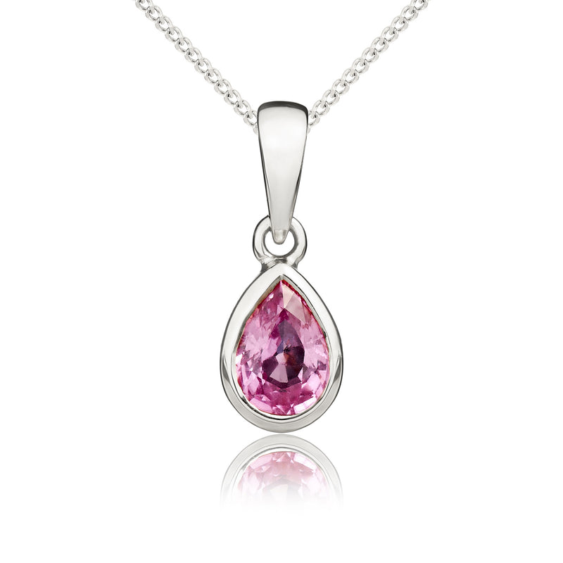 9ct White Gold Pear Shaped Natural Pink Sapphire Rubover Pendant — 6x4mm