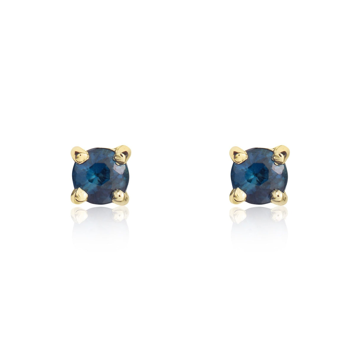 9ct Yellow Gold Round Natural Blue Sapphire Claw Stud Earrings — 3mm