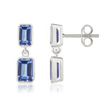 9ct White Gold Octagonal Emerald Cut Natural Tanzanite Double Stone Rubover Drop Earrings