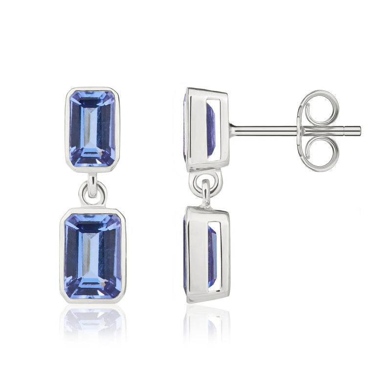 9ct White Gold Octagonal Emerald Cut Natural Tanzanite Double Stone Rubover Drop Earrings