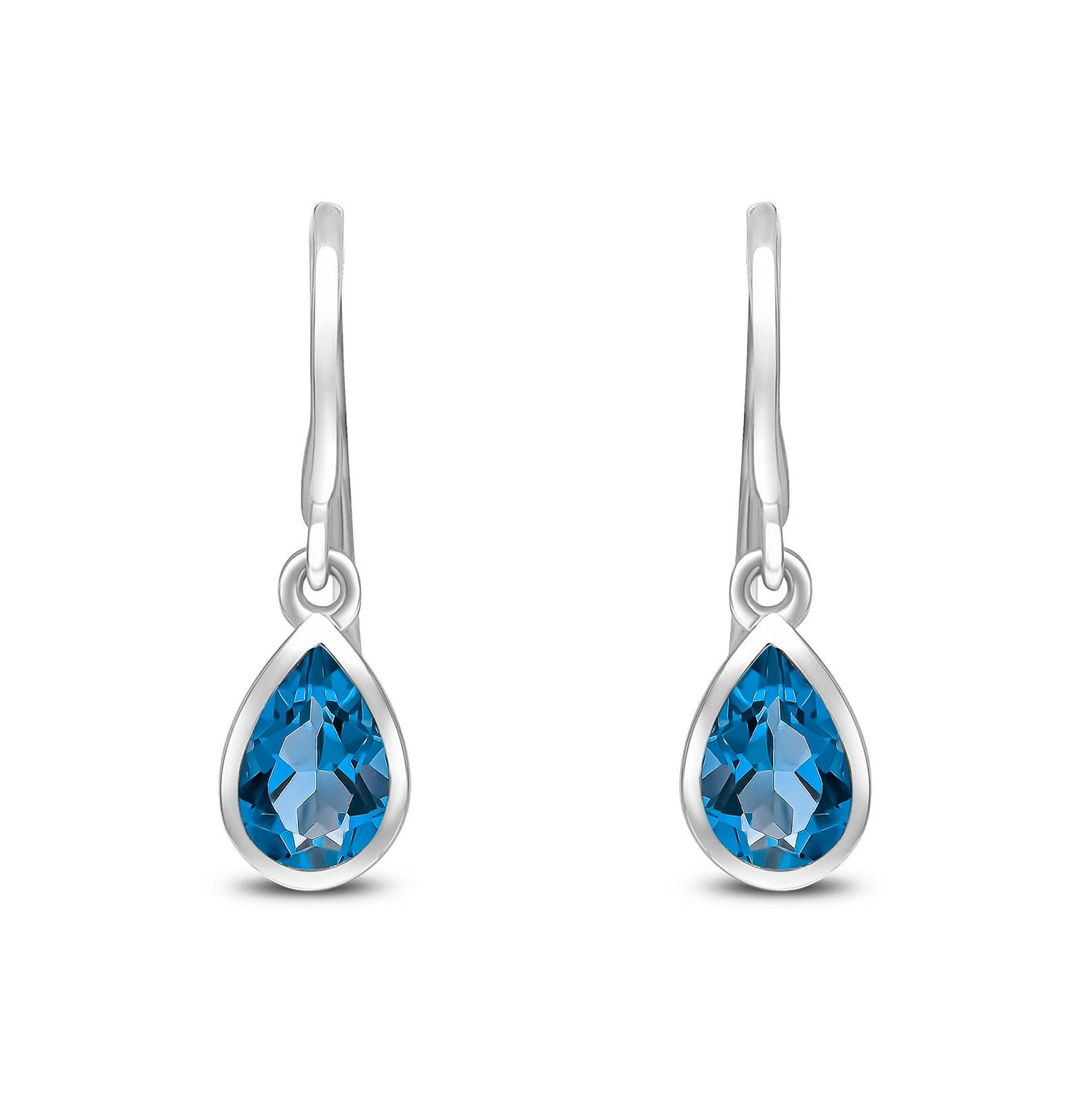 9ct White Gold Pear Shaped Natural London Blue Topaz Rubover Wire Hook Drop Earrings — 6x4mm