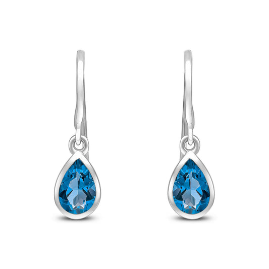 9ct White Gold Pear Shaped Natural London Blue Topaz Rubover Wire Hook Drop Earrings — 6x4mm