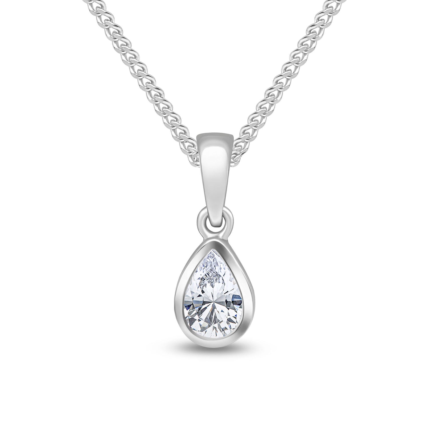 9ct White Gold Pear Shaped Cubic Zirconia Rubover Pendant — 6x4mm