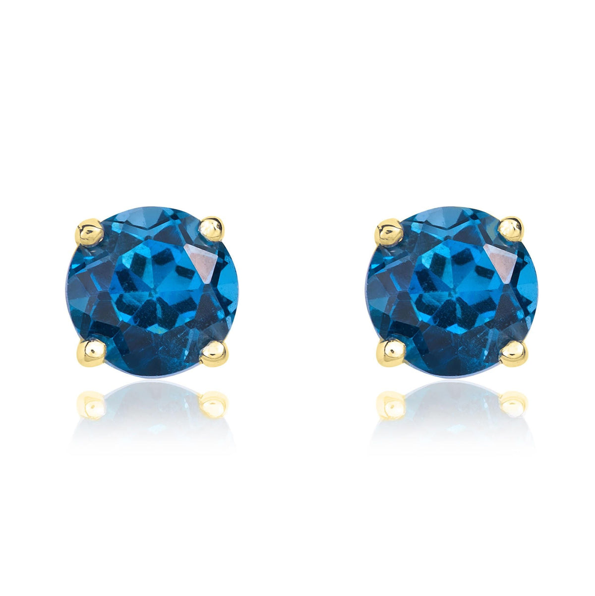 9ct Yellow Gold Round Natural London Blue Topaz Claw Stud Earrings — 5mm