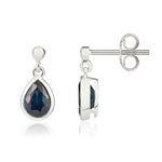 9ct White Gold Pear Shaped Natural Blue Sapphire Rubover Drop Earrings — 7x5mm
