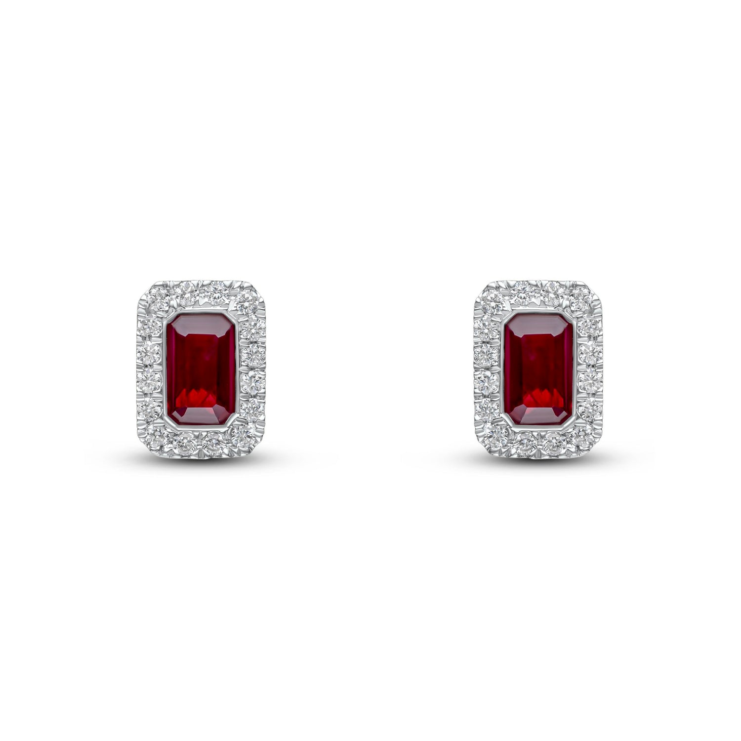 18ct Two Tone Gold Octagonal Emerald Cut Natural Ruby and Diamond Cluster Stud Earrings — 5x3mm