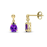 9ct Yellow Gold Pear Shaped Natural Amethyst Claw Drop Earrings — 7x5mm
