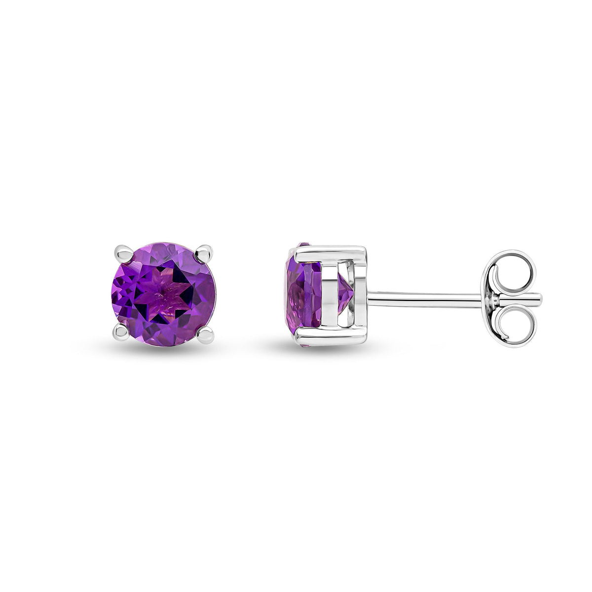9ct White Gold Round Natural Amethyst Claw Set Stud Earrings — 6mm
