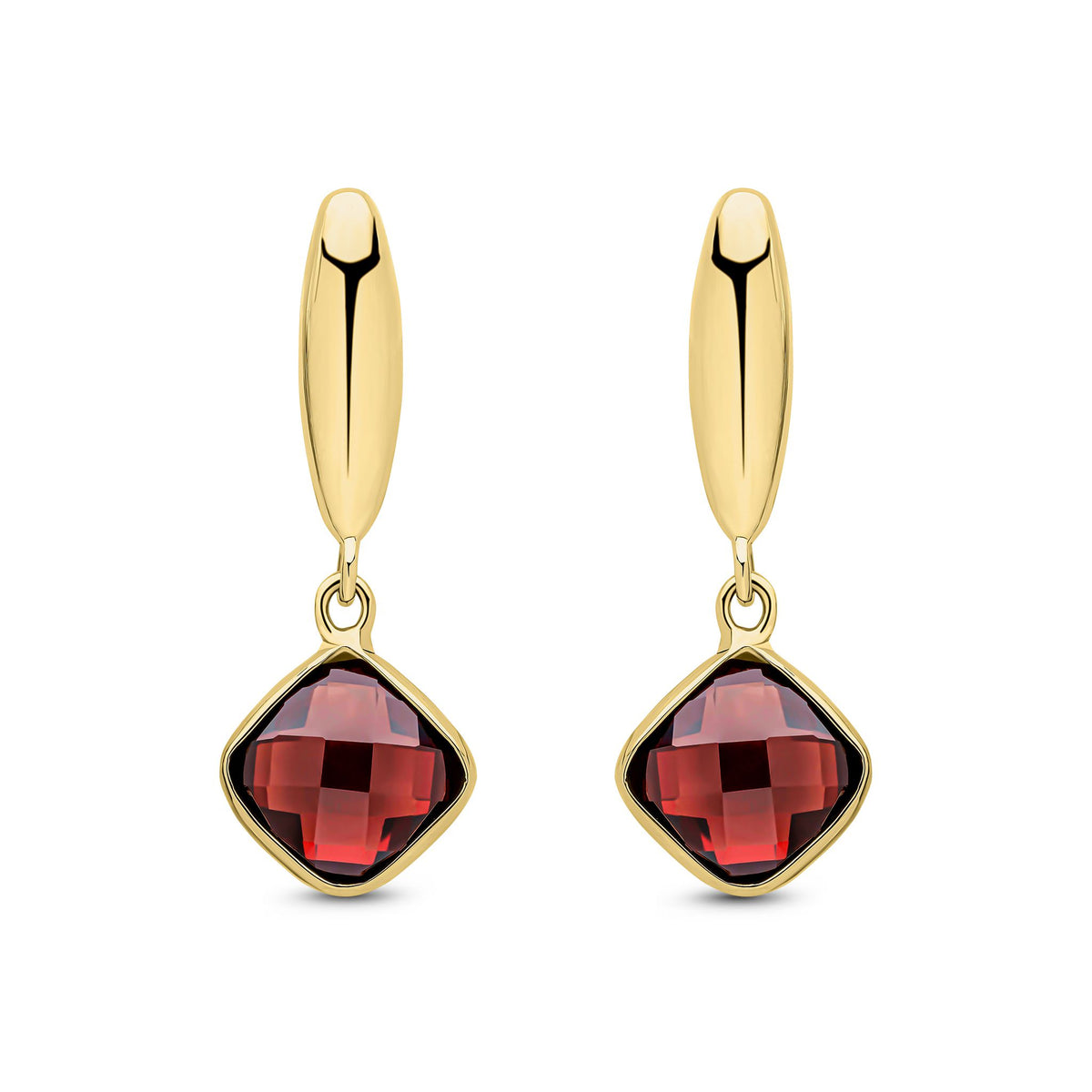 9ct Gold Checkerboard Cushion and Polished Torpedo Top Drop Earrings