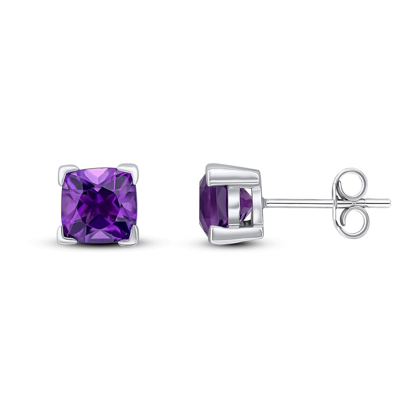 9ct White Gold Cushion Natural Amethyst Claw Stud Earrings — 6mm