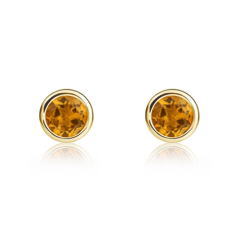 9ct Yellow Gold Round Natural Citrine Rubover Stud Earrings — 4mm