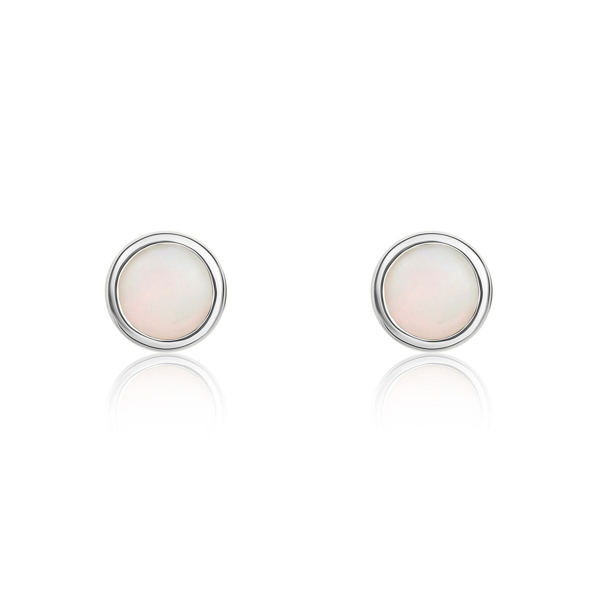 9ct White Gold Round Natural Opal Rubover Stud Earrings — 3mm