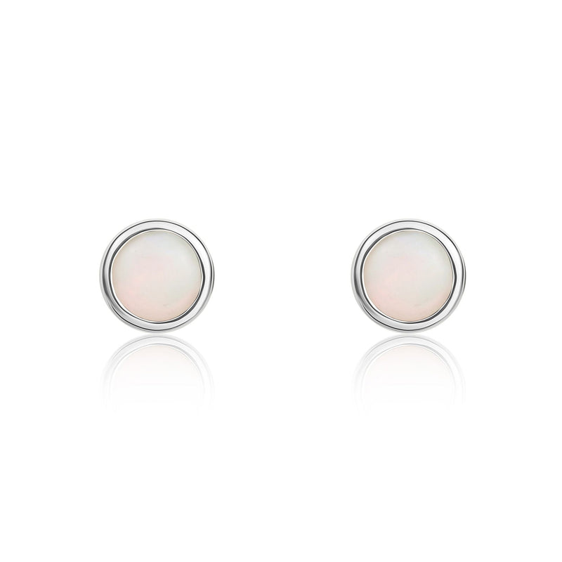 9ct White Gold Round Natural Opal Rubover Stud Earrings — 3mm
