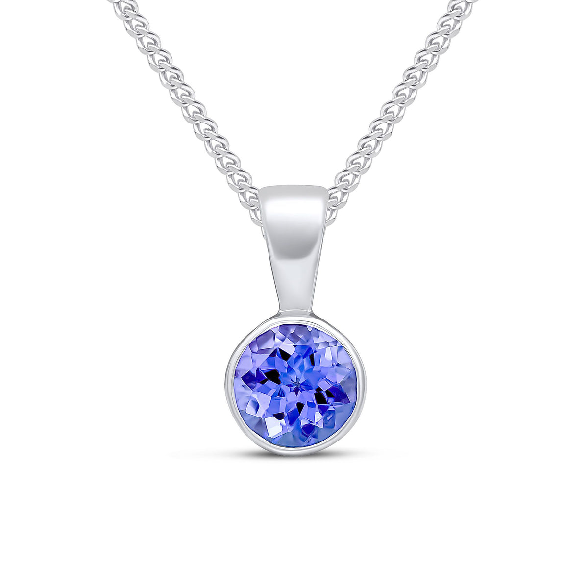 9ct White Gold Round Natural Tanzanite Rubover Pendant — 5mm