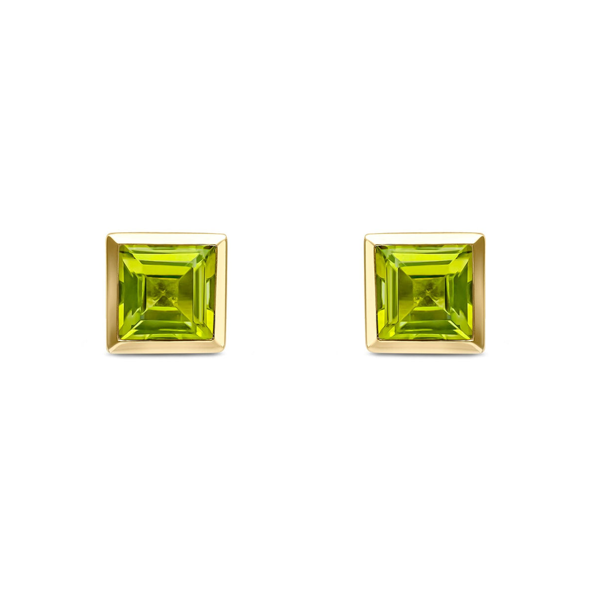 9ct Yellow Gold Square Natural Peridot Rubover Stud Earrings — 5mm