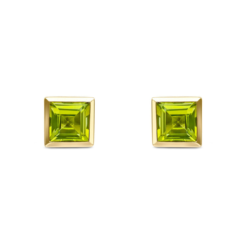 9ct Yellow Gold Square Natural Peridot Rubover Stud Earrings — 5mm