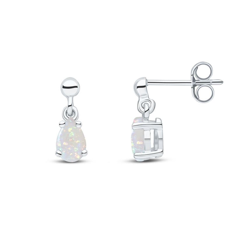 9ct White Gold Pear Shaped Natural Opal Claw Drop Earrings — 6x4mm