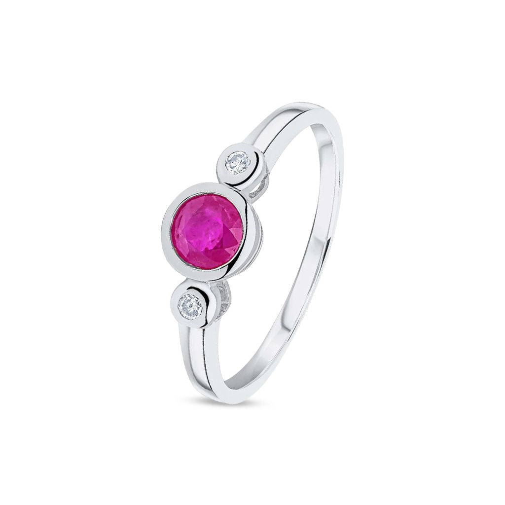 9ct White Gold Round Natural Ruby and Diamond Rubover Three Stone Ring — 5mm