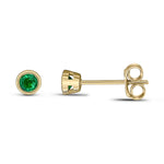 9ct Yellow Gold Round Natural Emerald Rubover Stud Earrings — 3mm